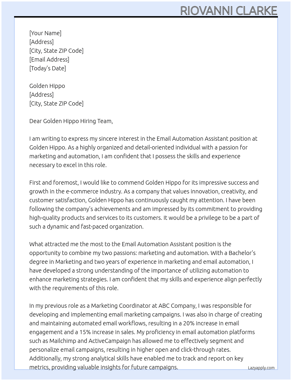Email Automation Assistant At Golden Hippo Cover Letter
