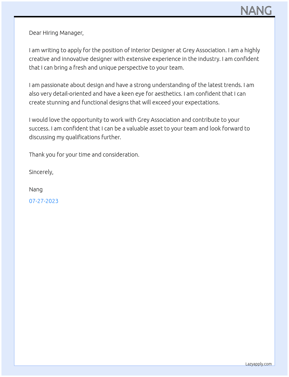 Interior designer  At Grey Association  Cover Letter