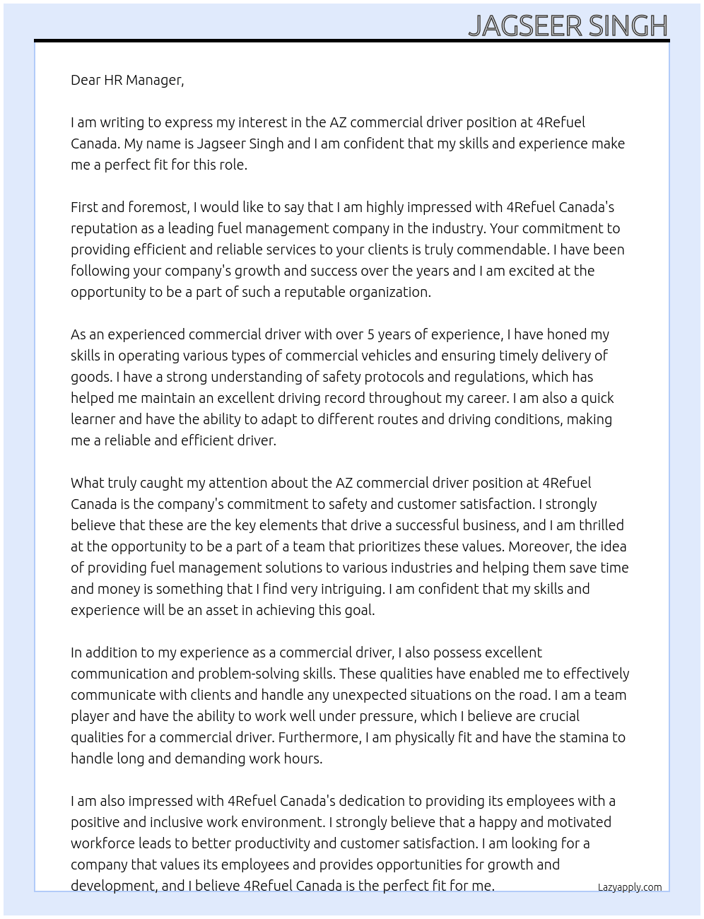 AZ commercial driver At 4Refuel Canada Cover Letter
