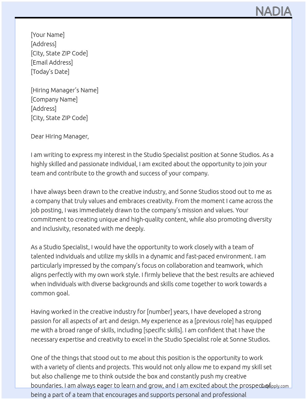 Studio Specialist  At Sonne Studios Cover Letter