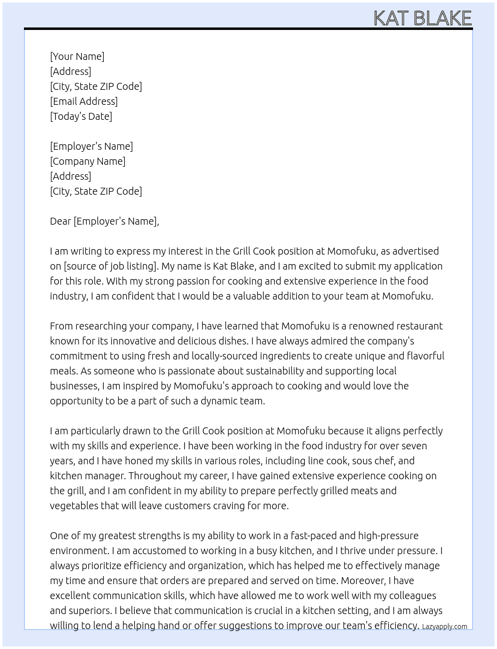 Grill Cook At Momofuku Cover Letter