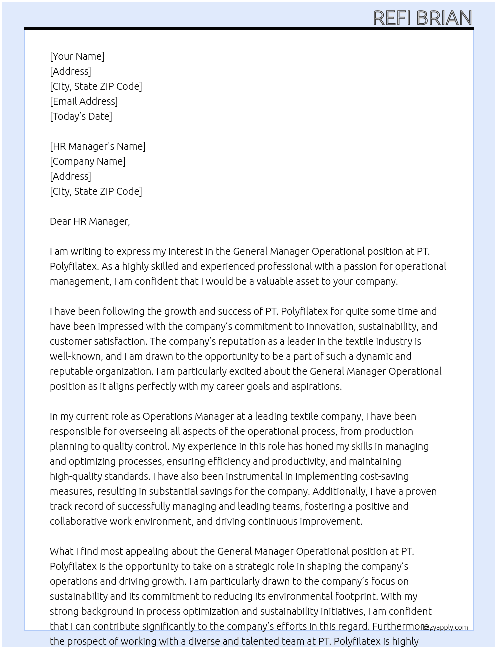 General Manager Operational At PT. Polyfilatex Cover Letter
