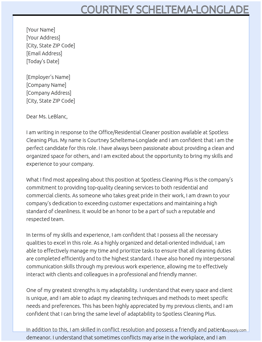 Office/Residential Cleaner At Spotless Cleaning Plus Cover Letter