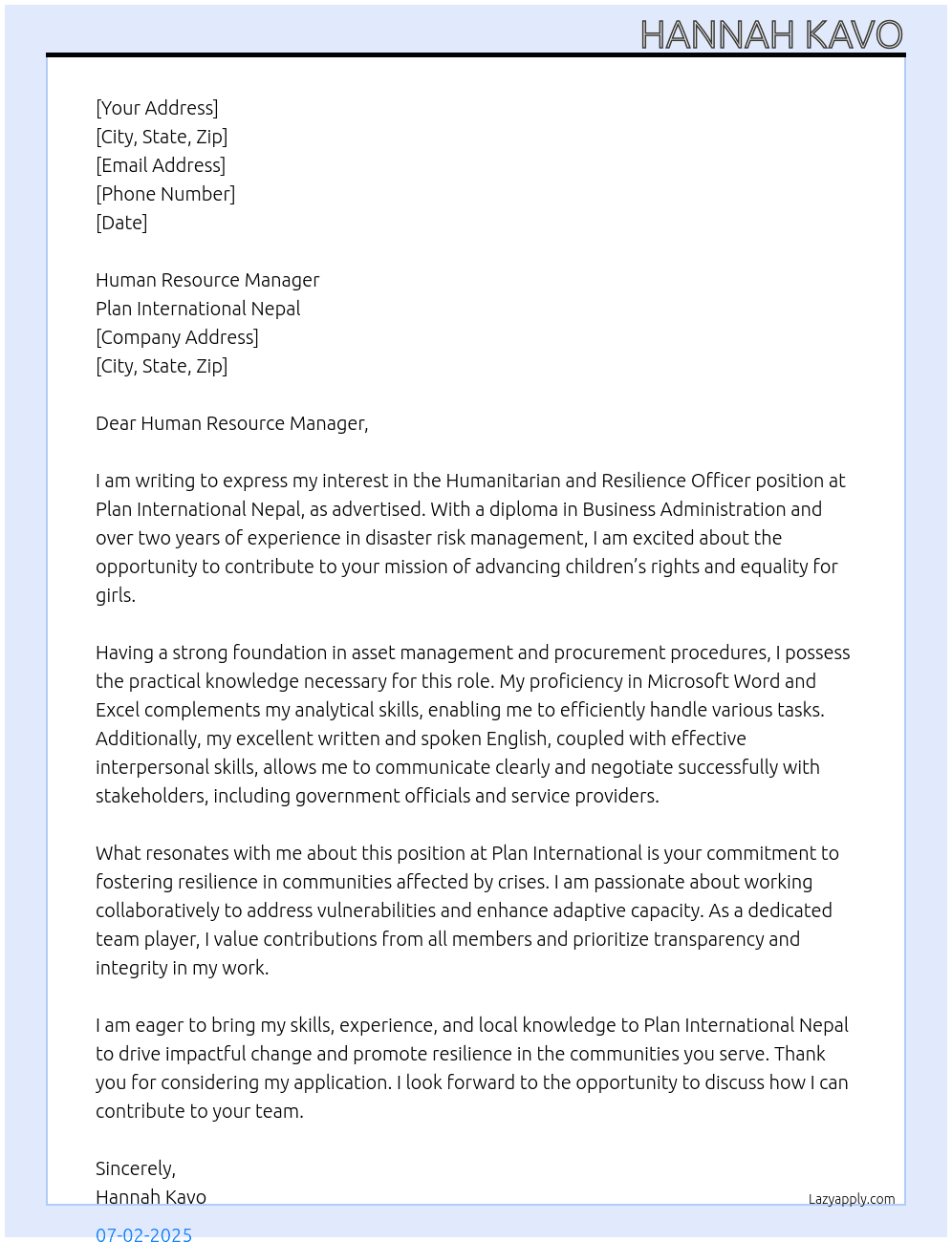 Humanitarian and Resilience officer At Plan International Nepal  Cover Letter