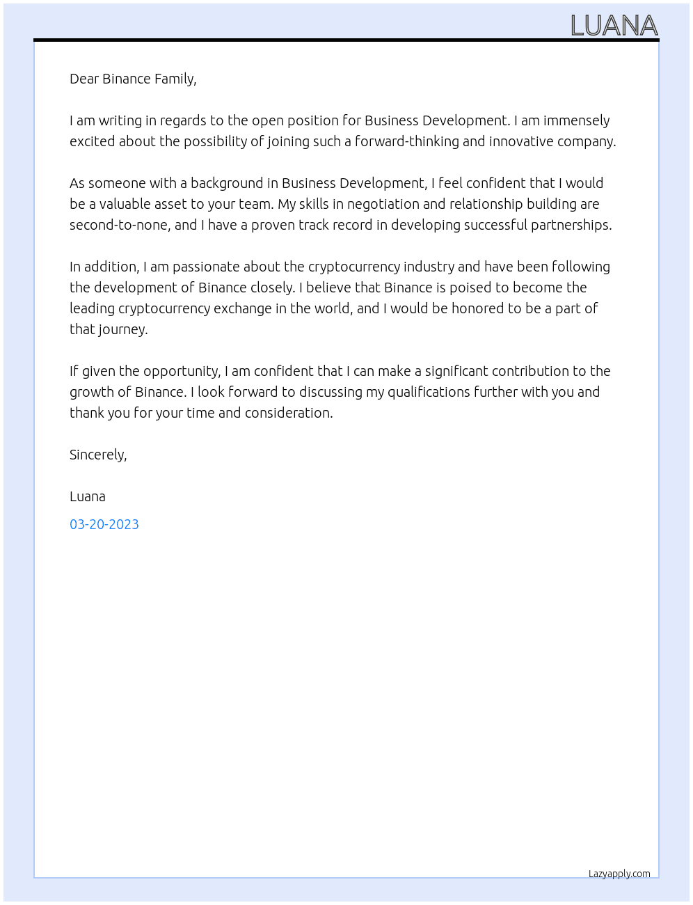 Business Development At Binance Cover Letter