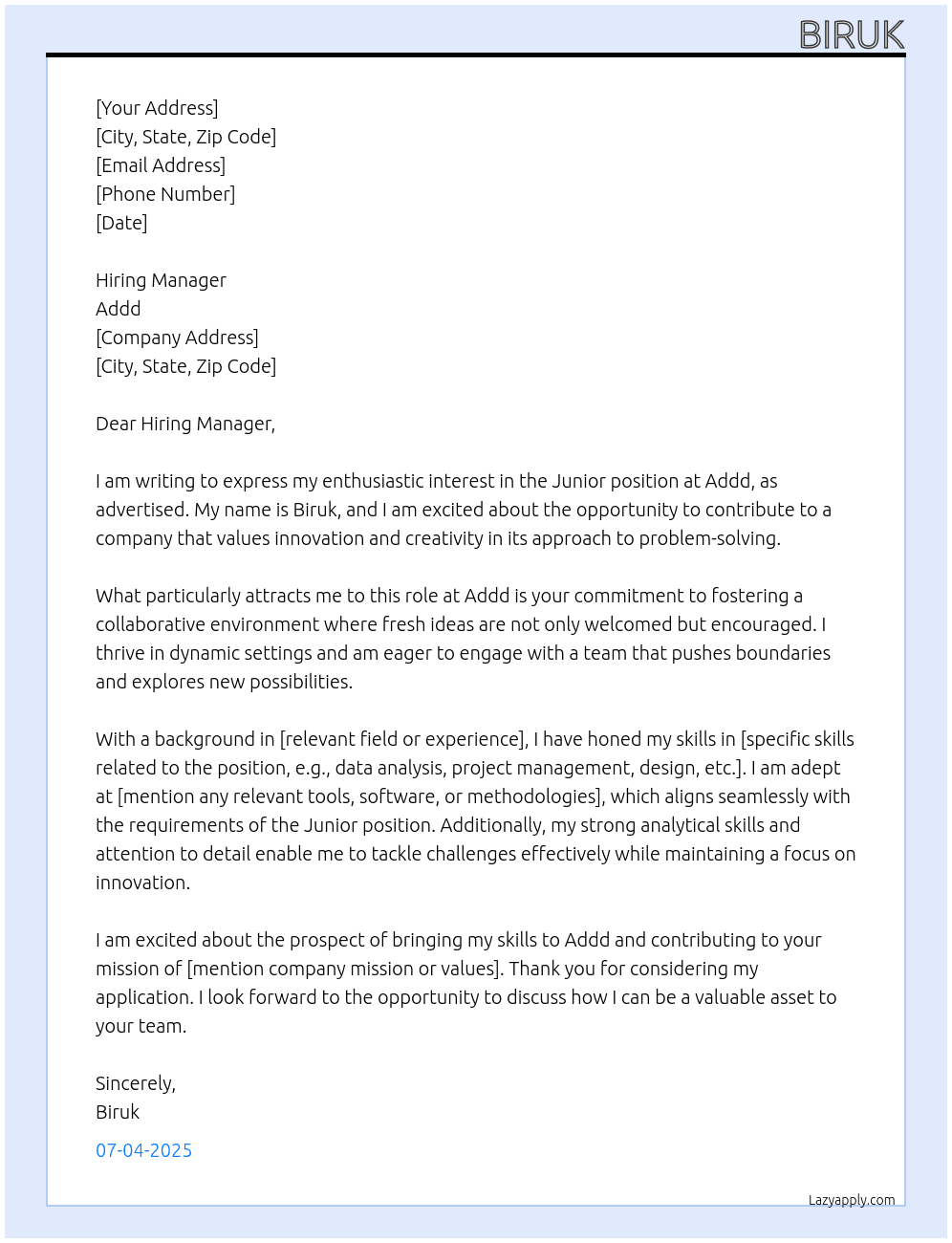 Junior At Addd Cover Letter