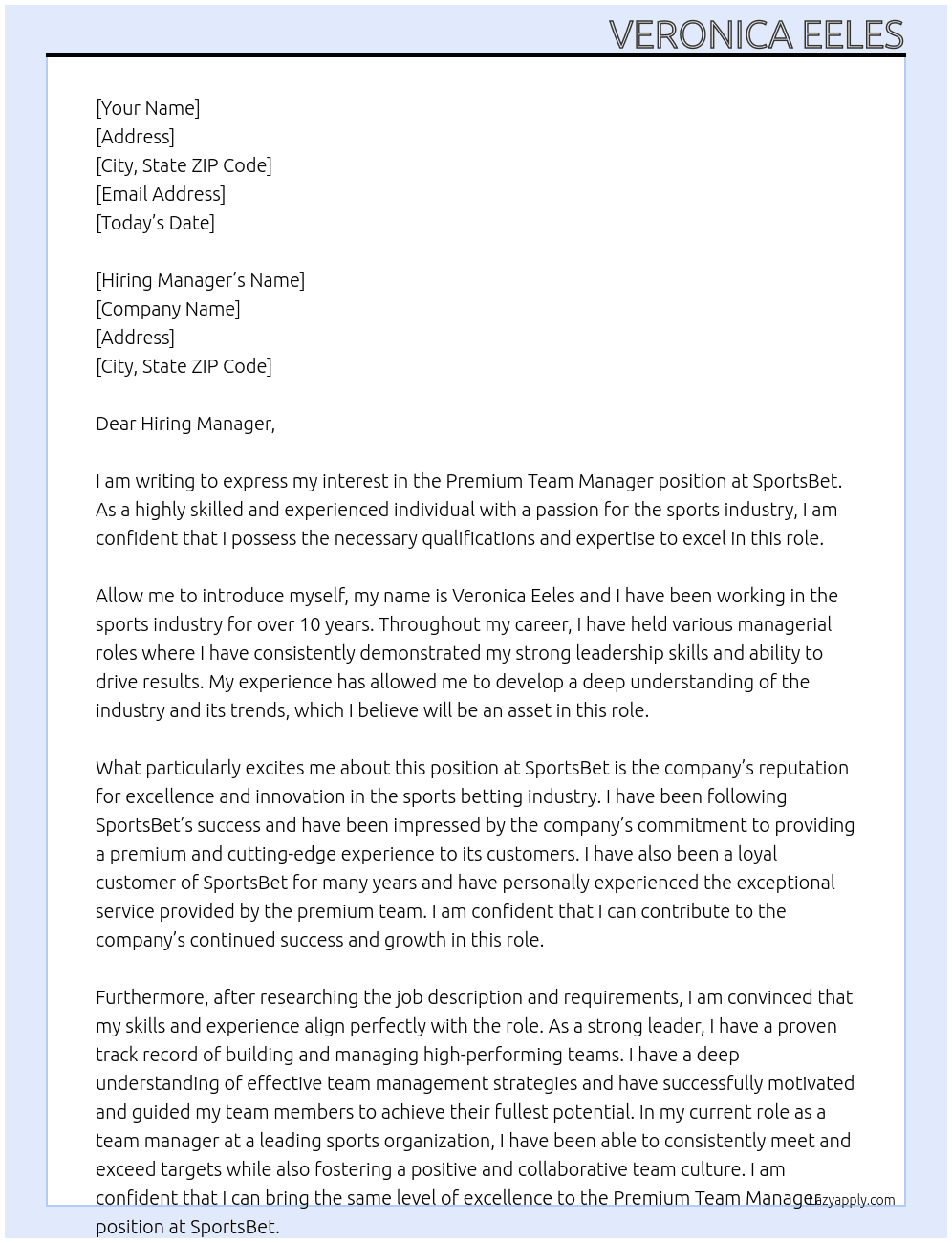 Premium Team Manager At SportsBet Cover Letter