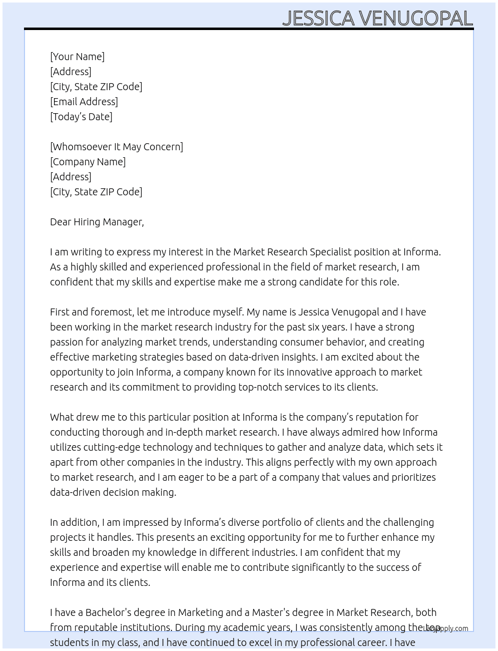 Market research Specialist At Informa Cover Letter