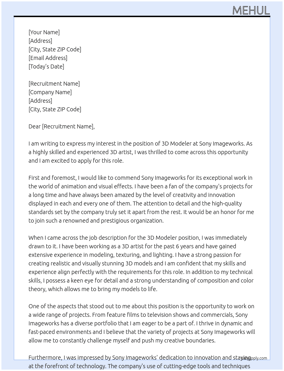3D Modeler At Sony Imageworks Cover Letter