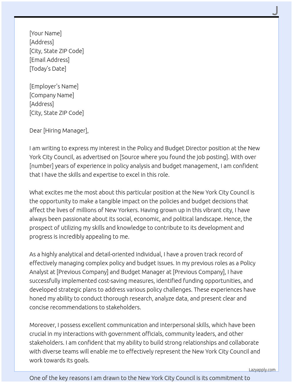 Policy and Budget Director At New York City Council Cover Letter