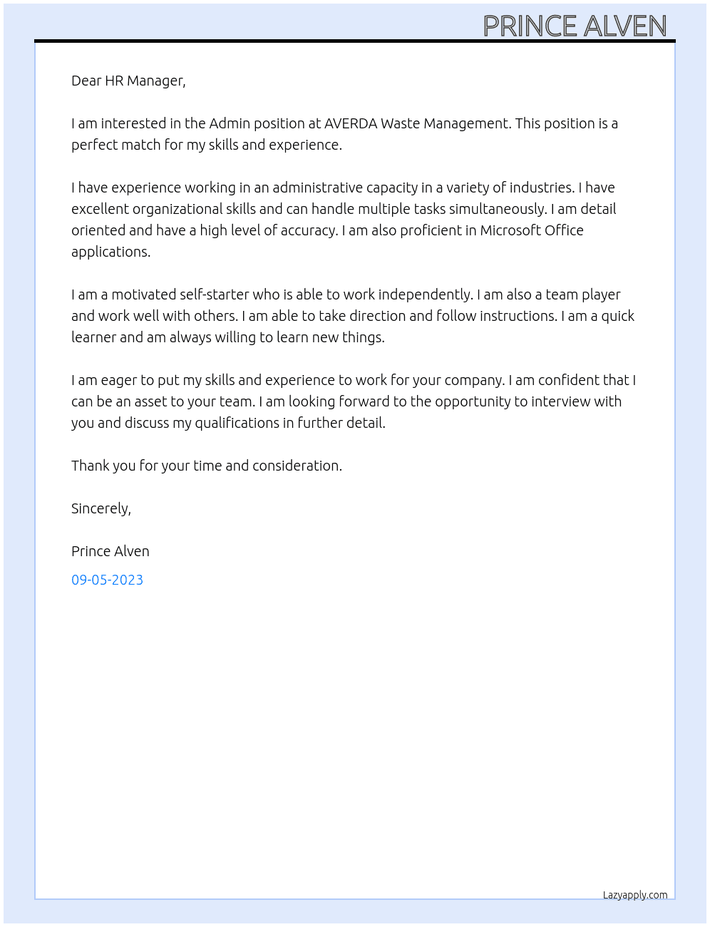 Admin  At AVERDA Waste Management  Cover Letter