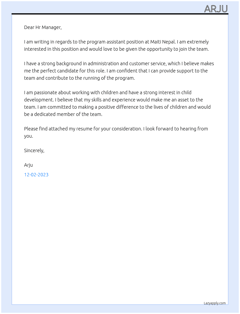 program assistant At Maiti Nepal Cover Letter