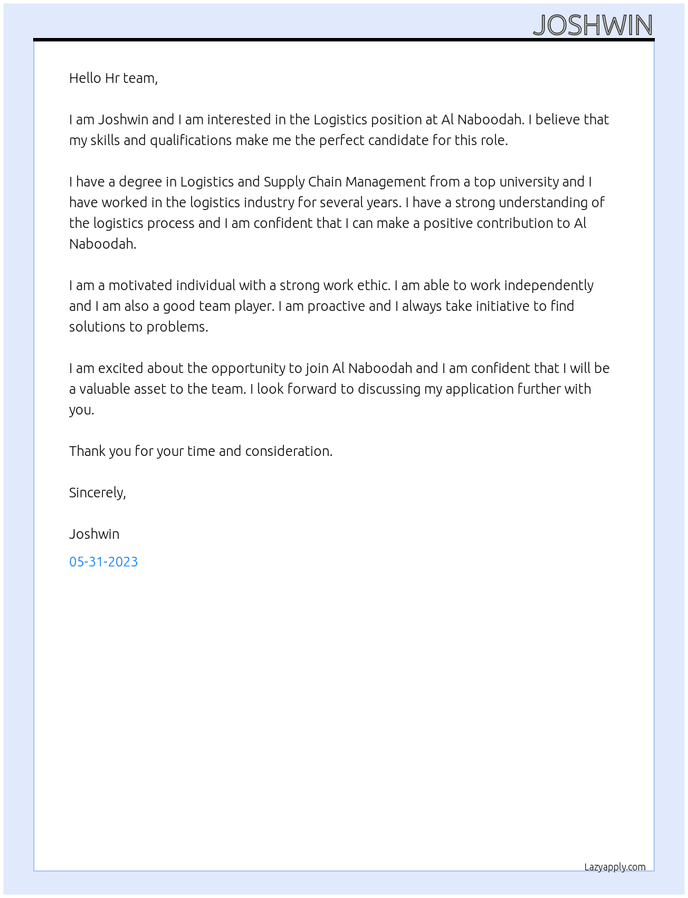Logistics  At Al Naboodah Cover Letter