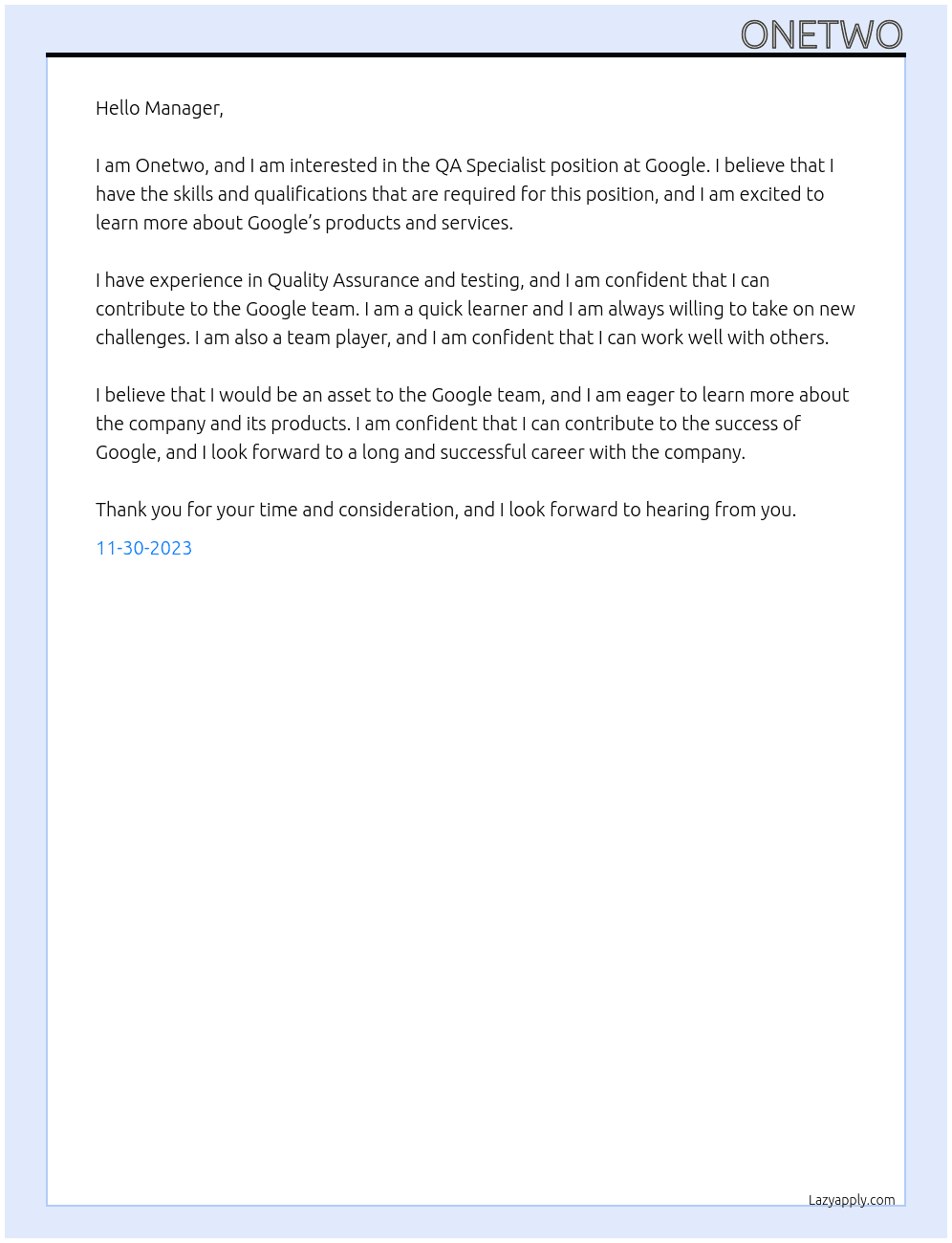 Qa Specialist  At Google Cover Letter