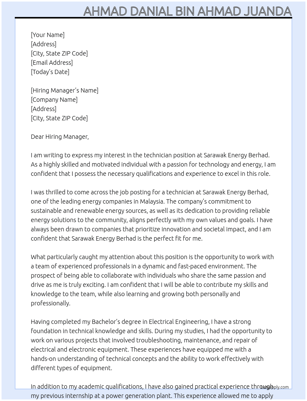 technician At Sarawak Energy Berhad Cover Letter