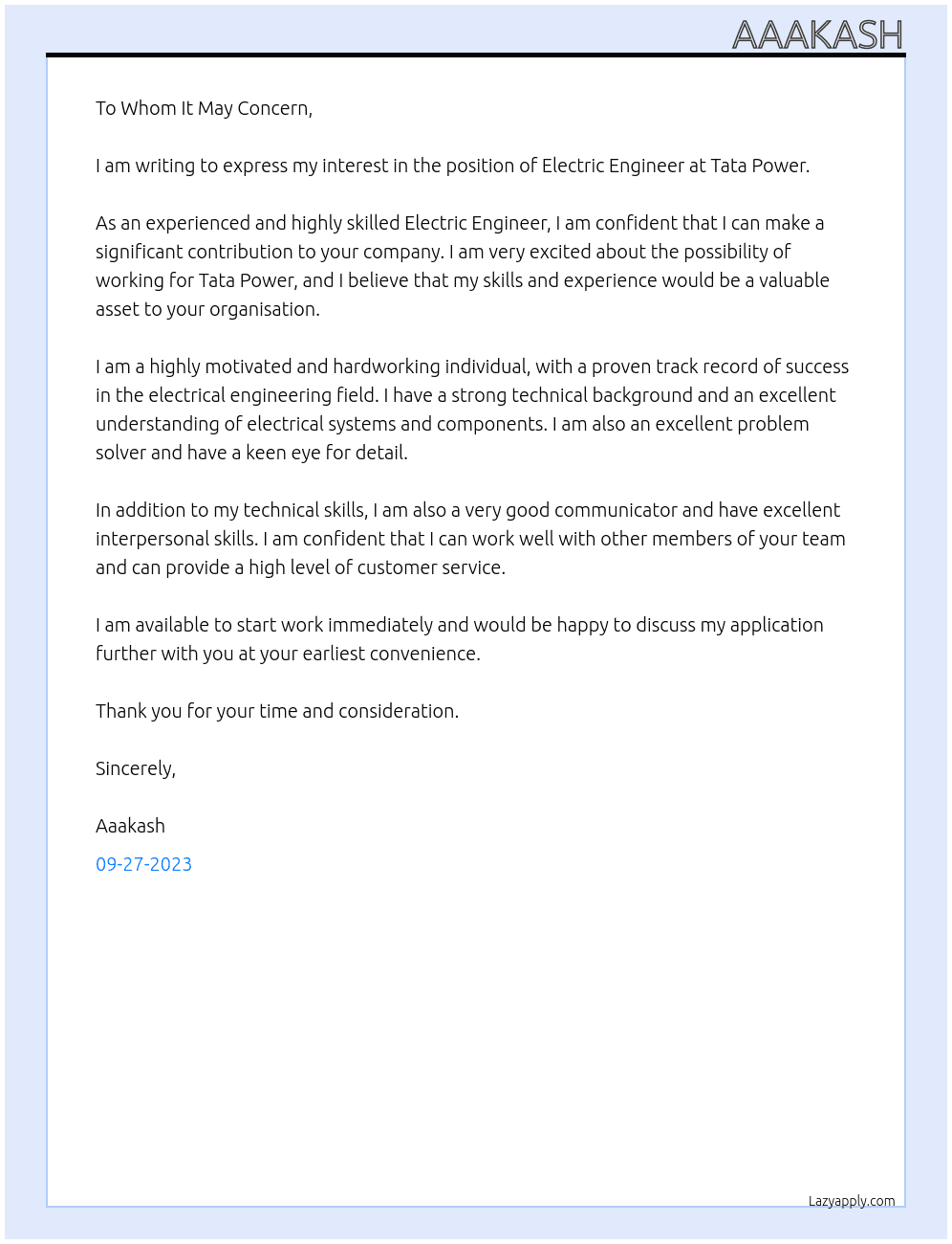 Electric Engineer At Tata Power Cover Letter