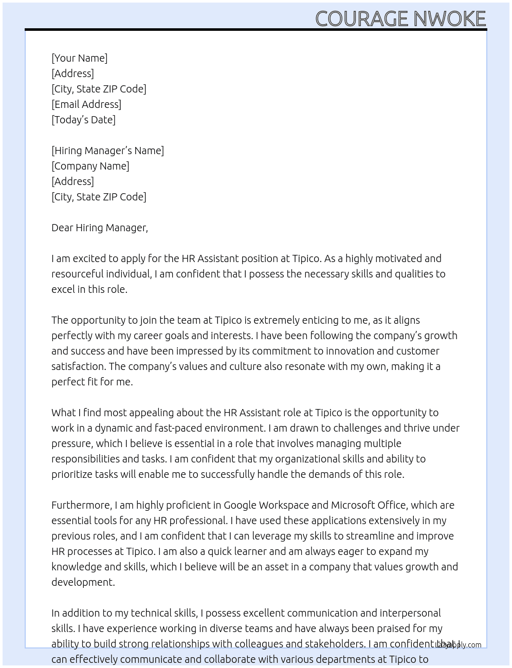 HR Assistant At Tipico Cover Letter