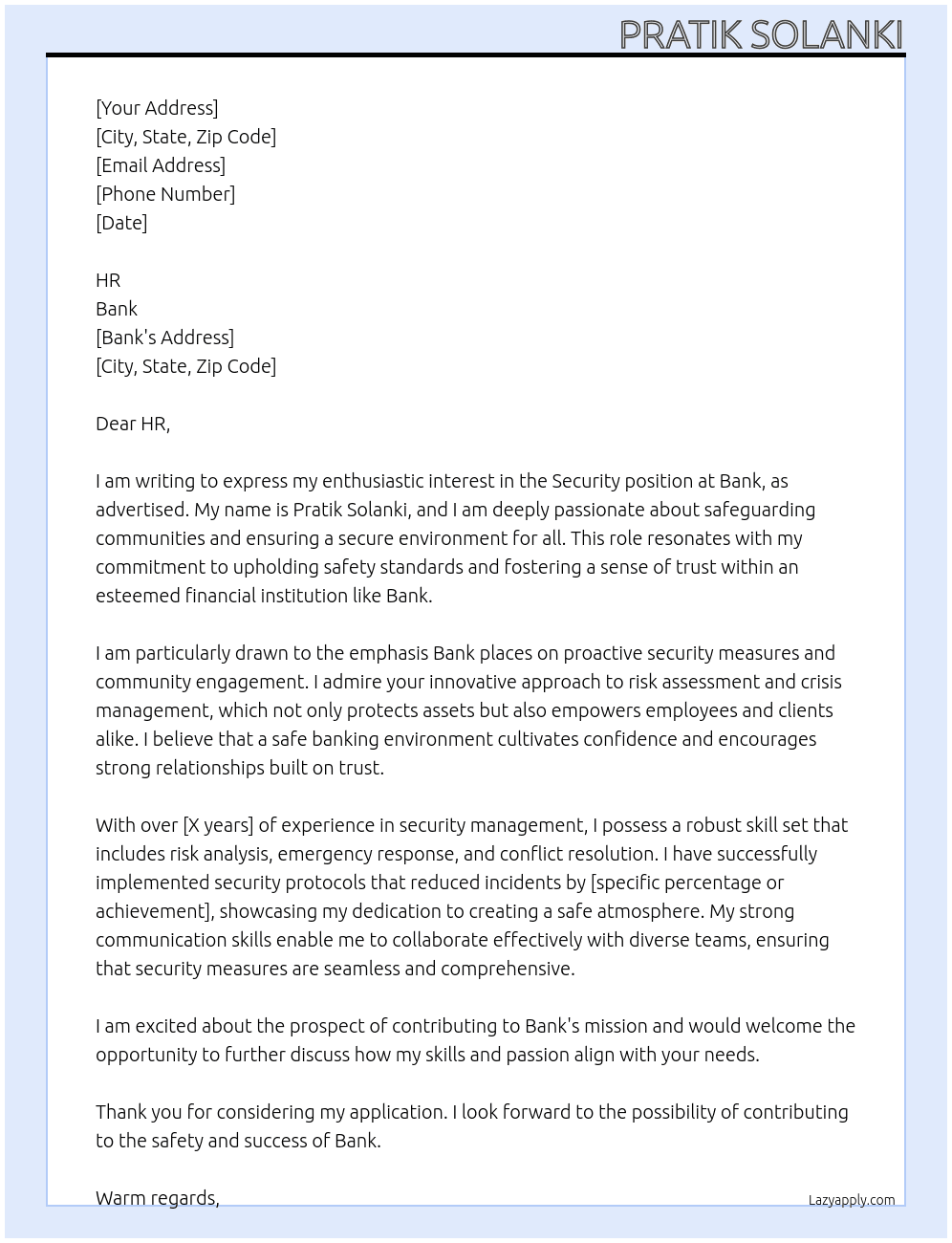 Security At Bank Cover Letter