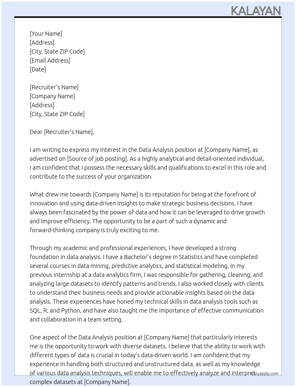 Data analysis  At Fresher Cover Letter