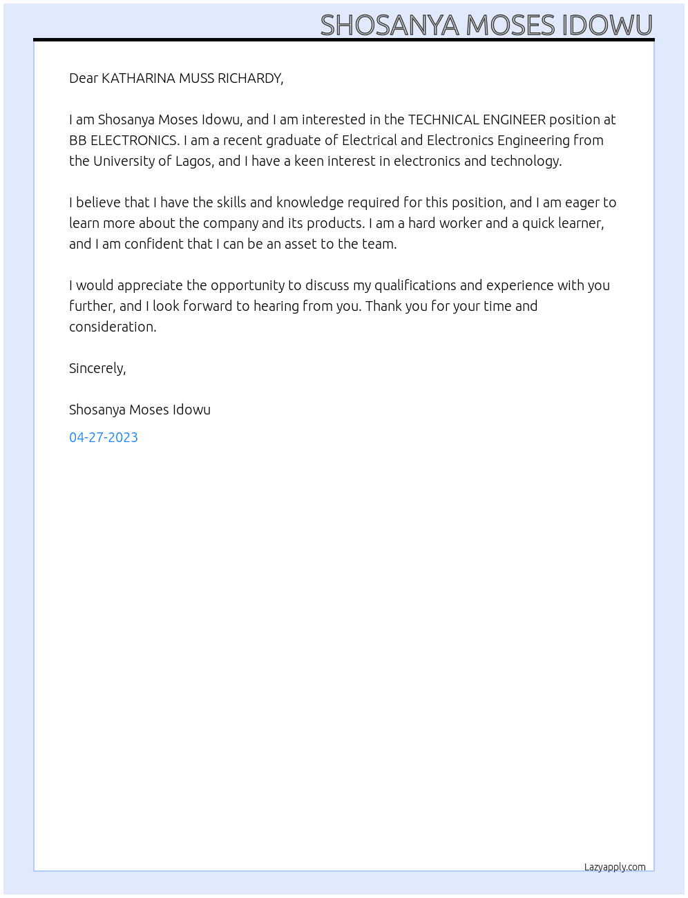 TECHNICAL ENGINEER At BB ELECTRONICS Cover Letter