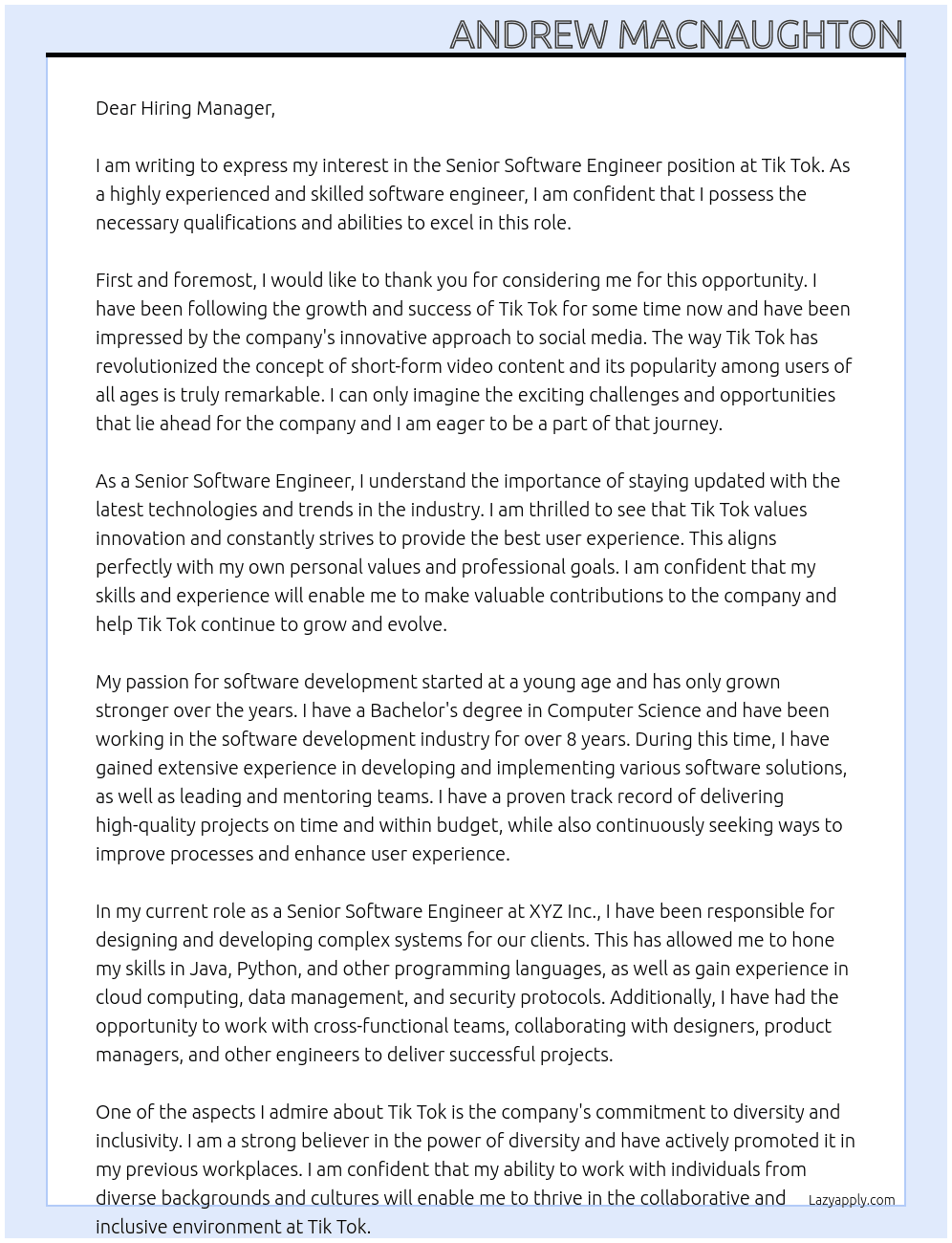 Senior Software Engineer At Tik Tok Cover Letter