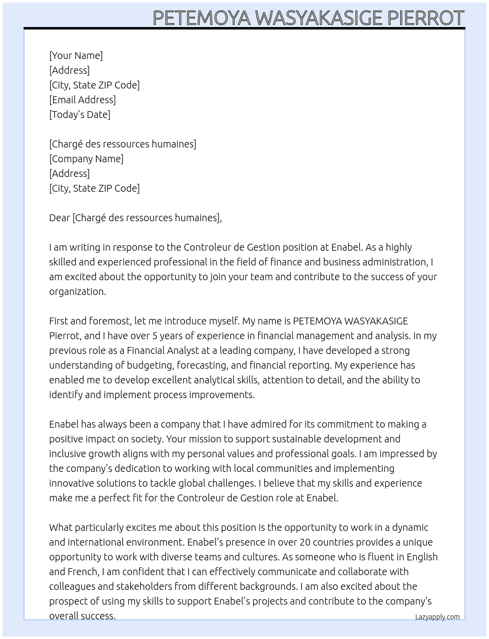 Controleur de Gestion At Enabel Cover Letter
