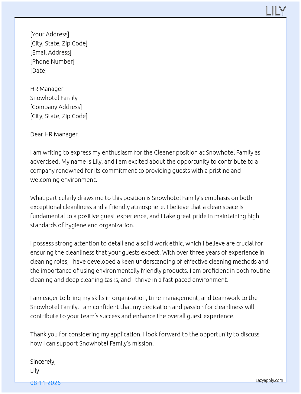 cleaner  At Snowhotel Family Cover Letter