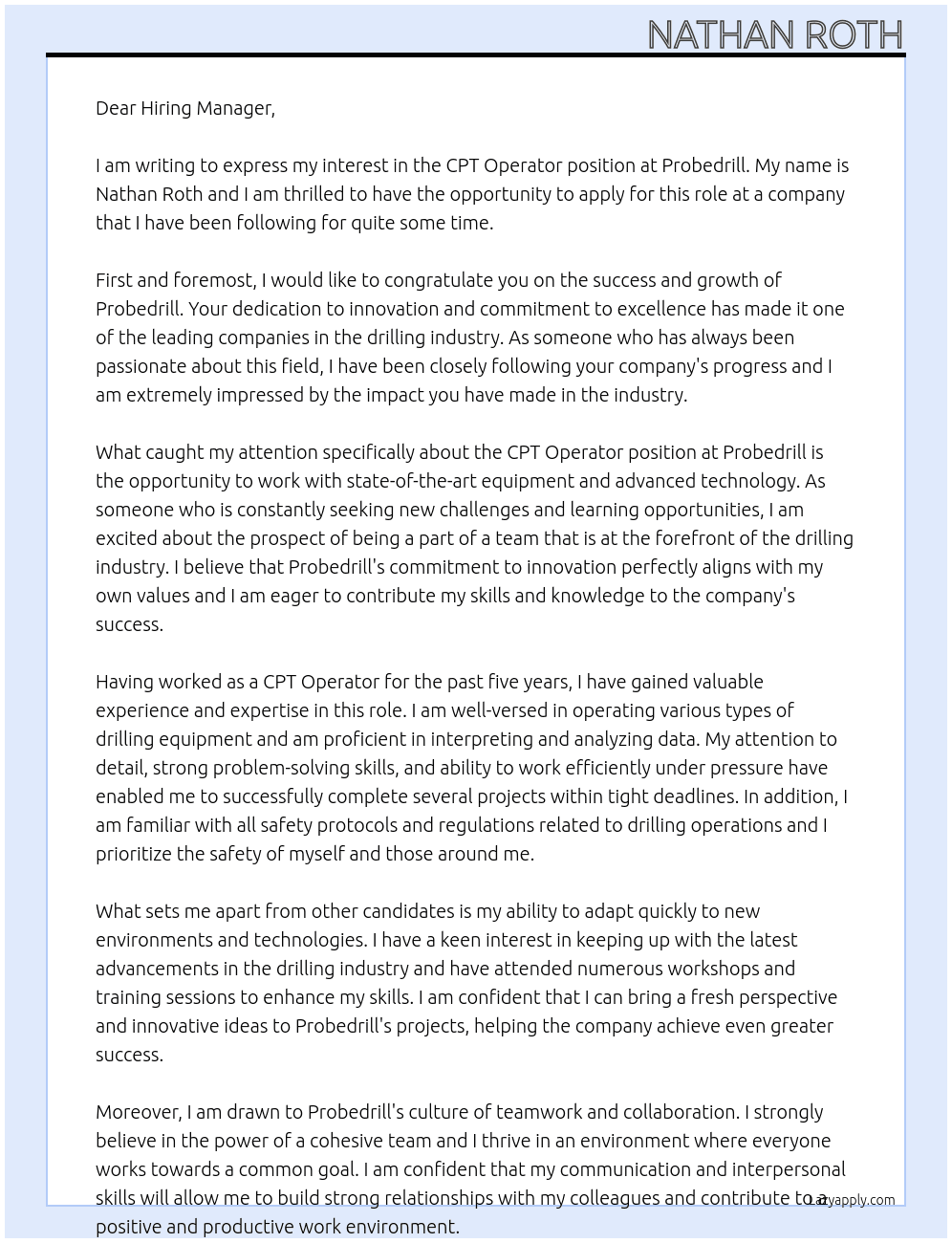 CPT Operator At Probedrill Cover Letter