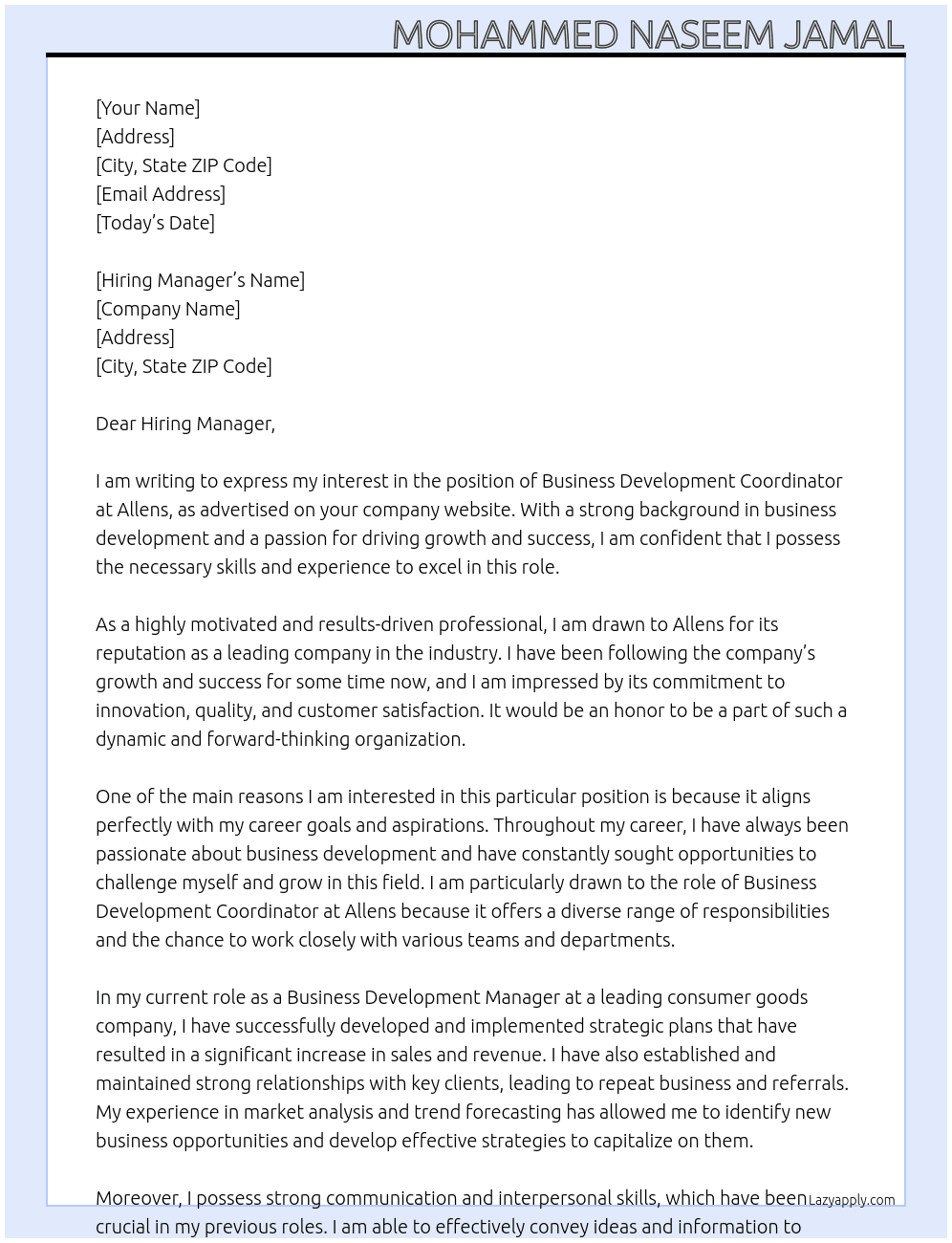 Business Development Coordinator At Allens Cover Letter