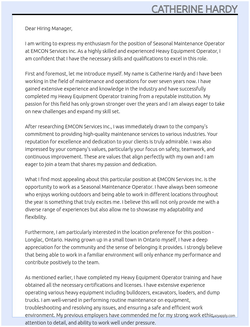 Seasonal Maintenance Operator At EMCON Services Inc. Cover Letter