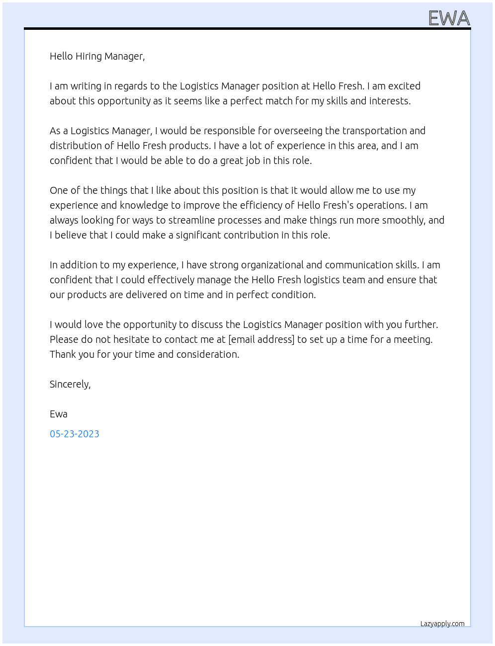 Logistics Manager At Hello Fresh Cover Letter