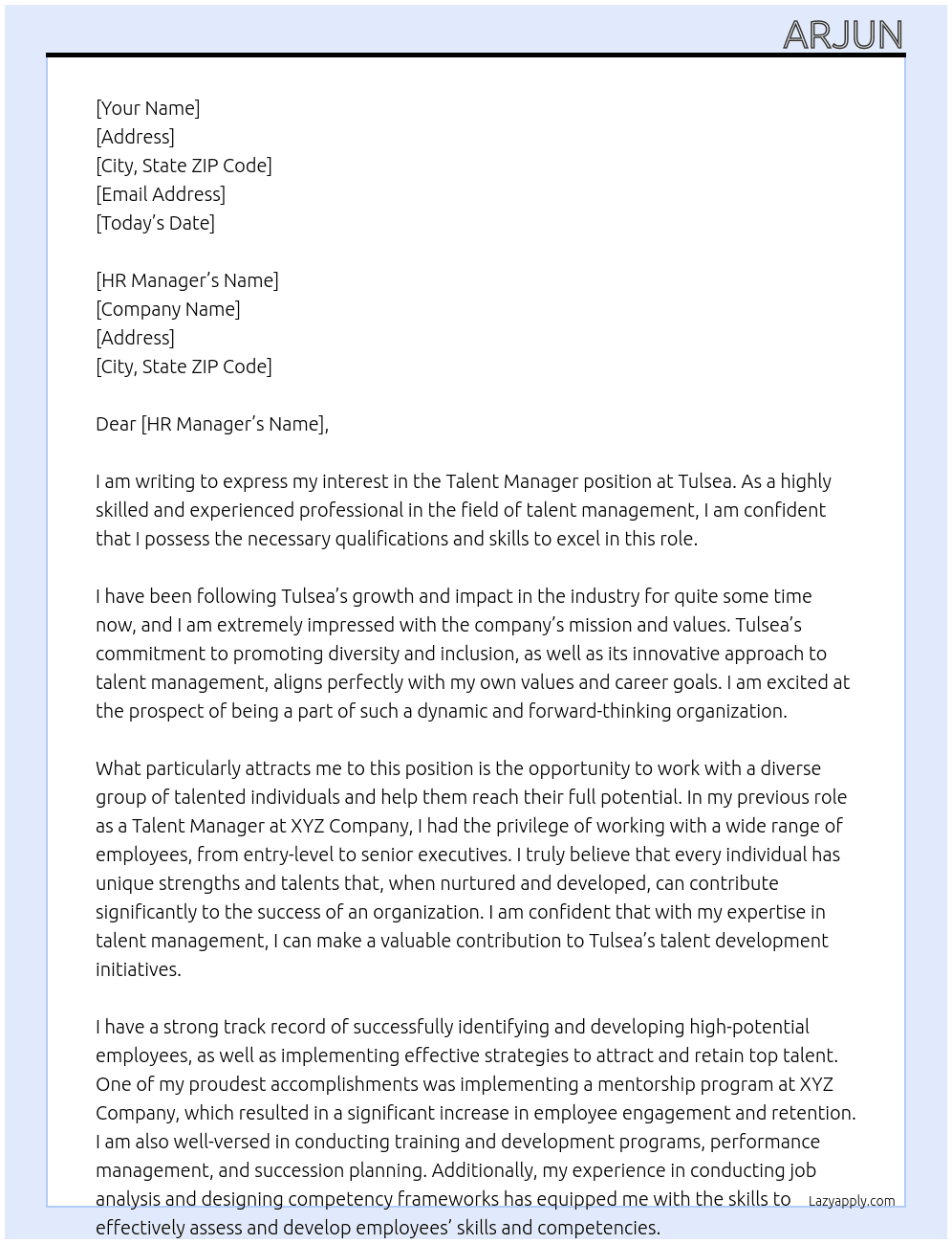 talent manager  At Tulsea Cover Letter