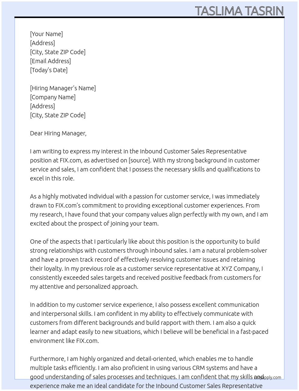 Inbound Customer Sales Representative At FIX.com Cover Letter