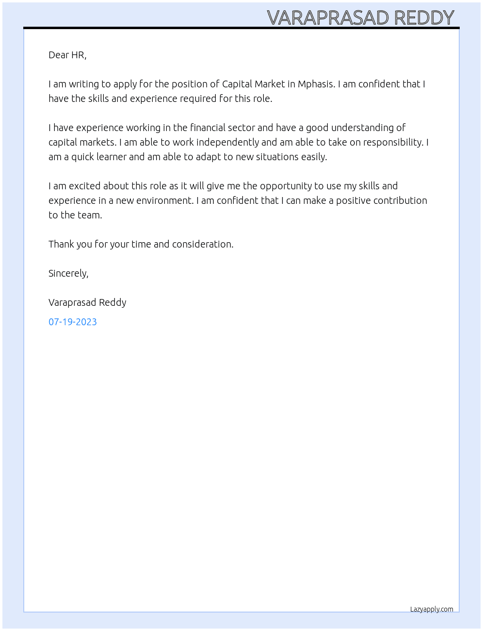 Capital market At Mphasis Cover Letter
