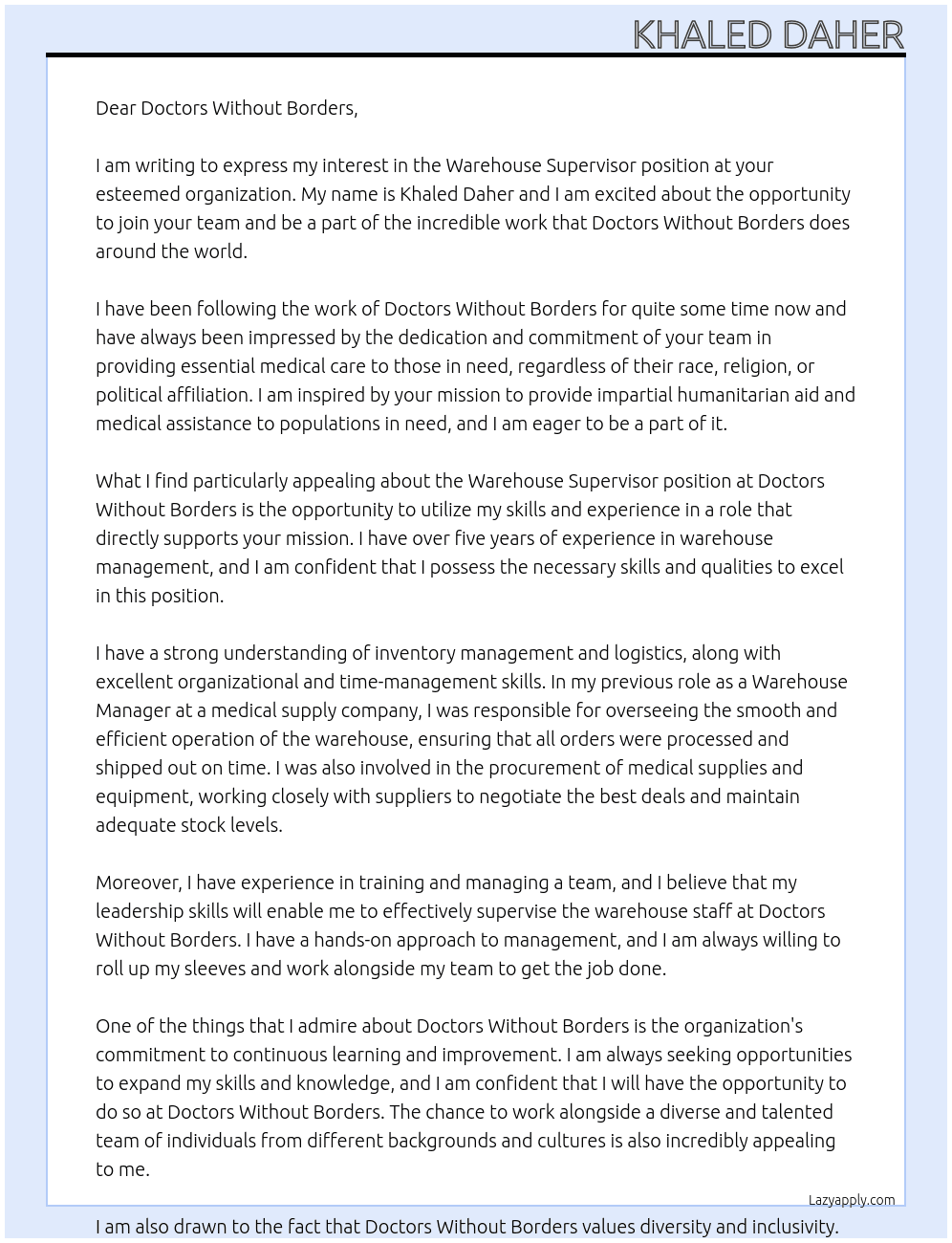 Warehouse supervisor At Doctors Without Borders Cover Letter