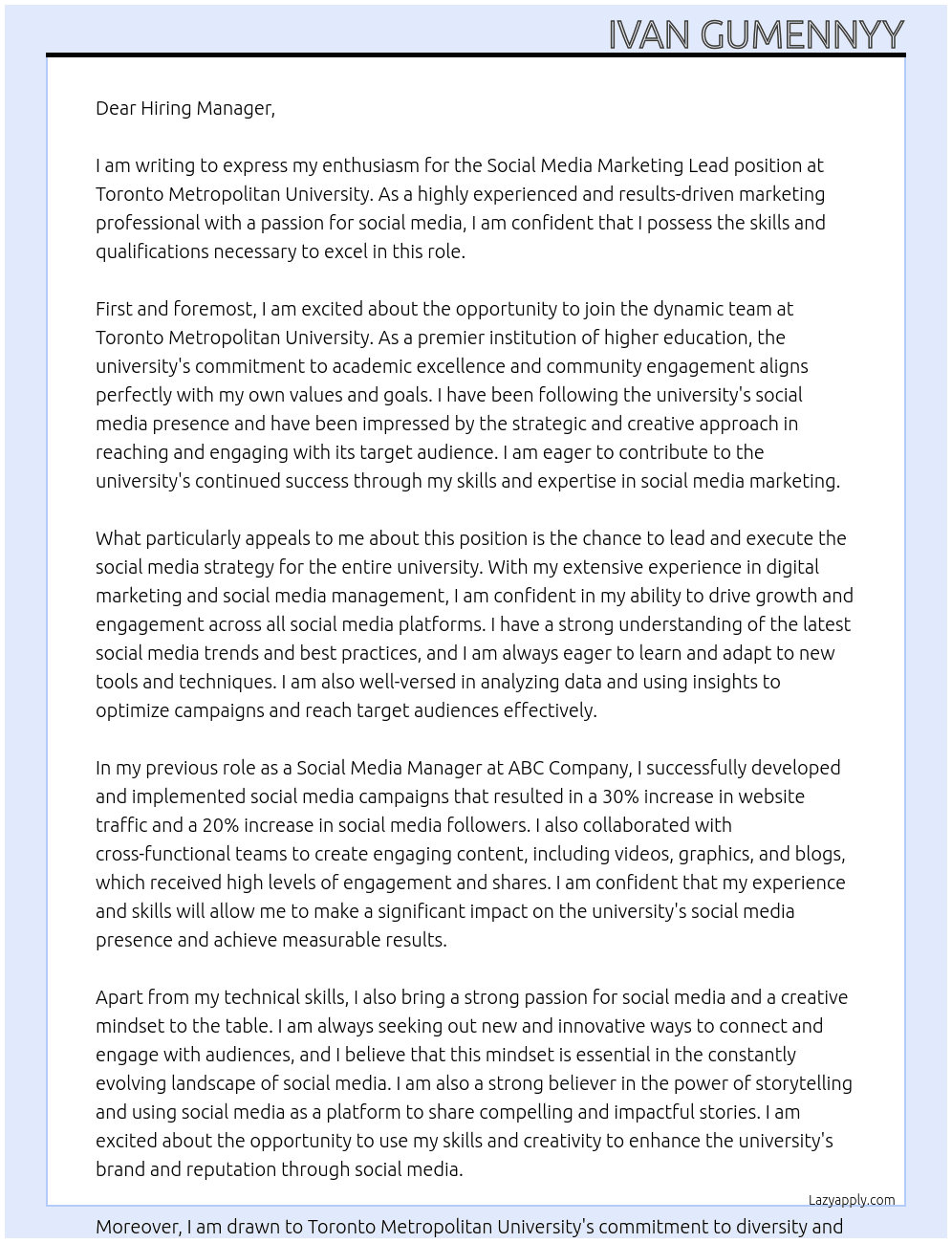 Social Media Marketing Lead At Toronto Metropolitan University Cover Letter