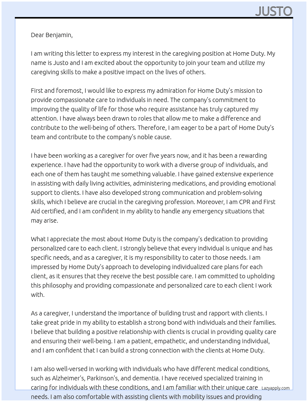 Caregiving At home duty Cover Letter