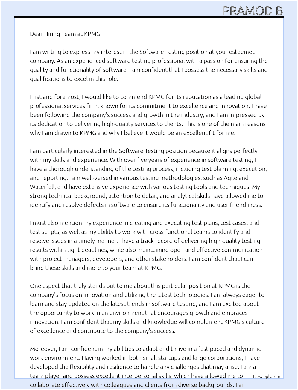 Software Testing At KPMG Cover Letter