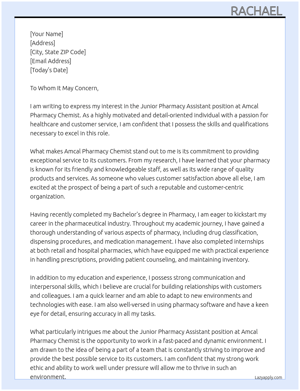junior pharmacy assistant  At Amcal pharmacy chemist  Cover Letter