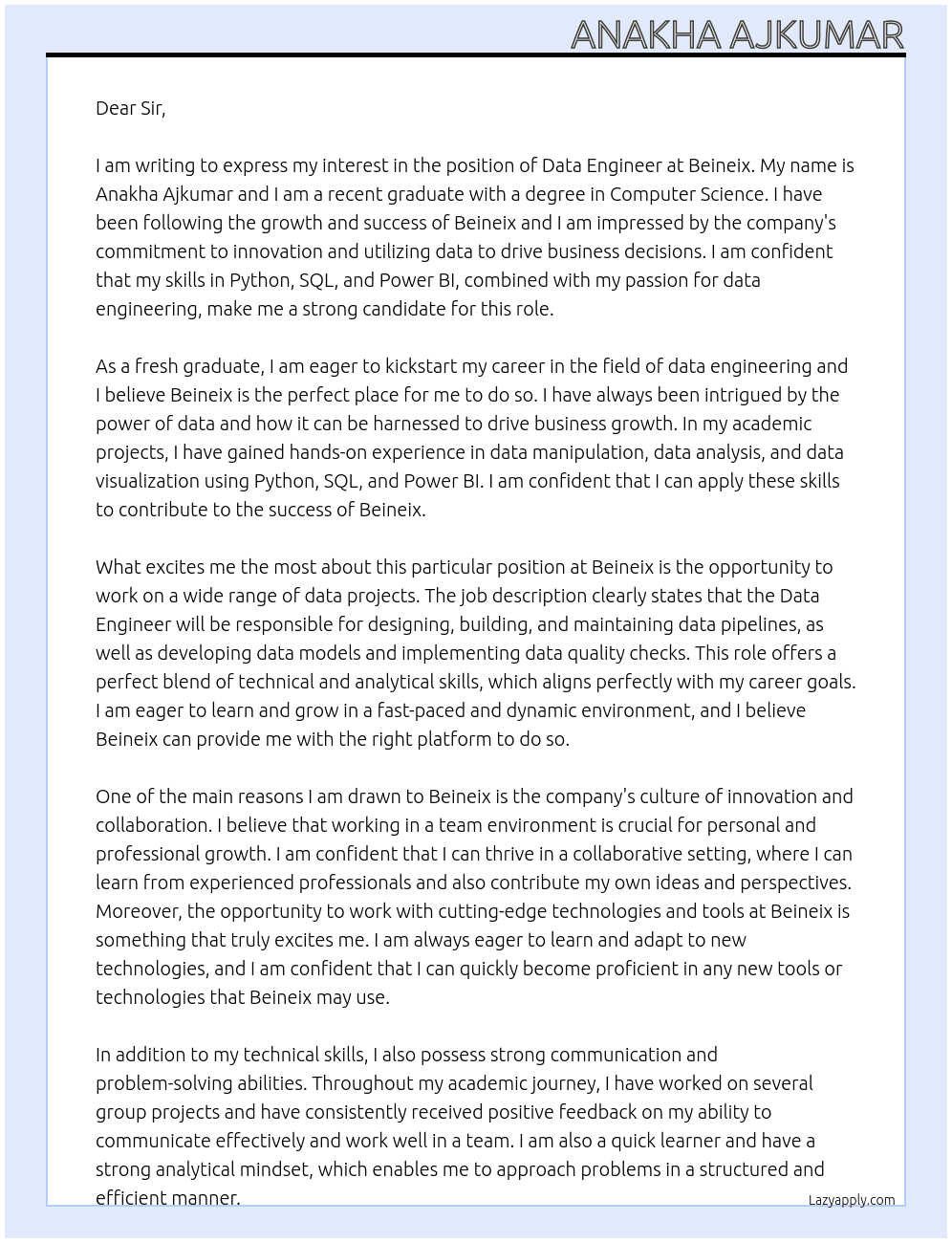 Data Engineer  At Beineix  Cover Letter