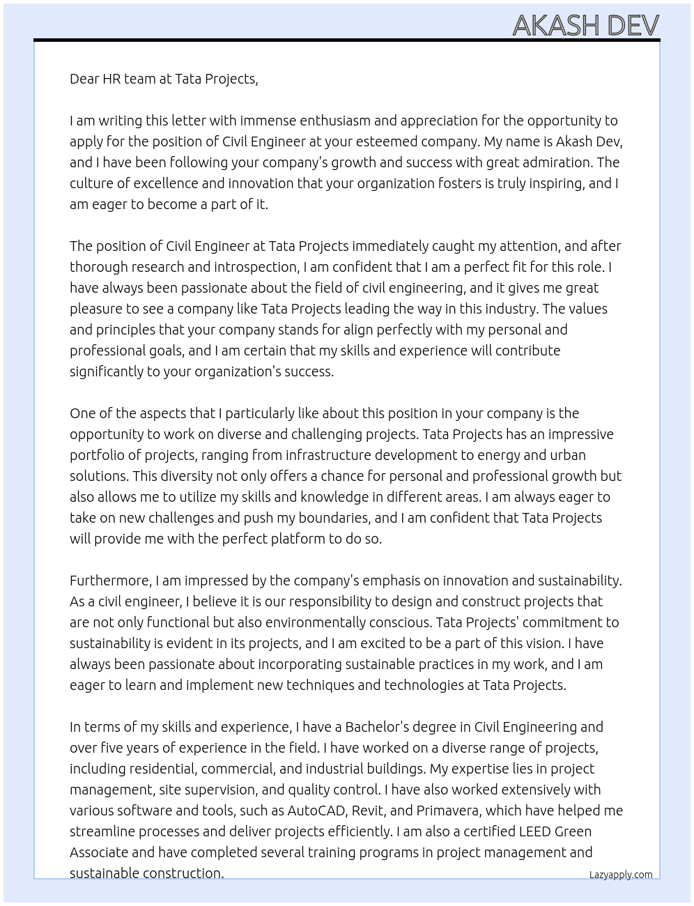 Civil engineer  At Tata projects  Cover Letter