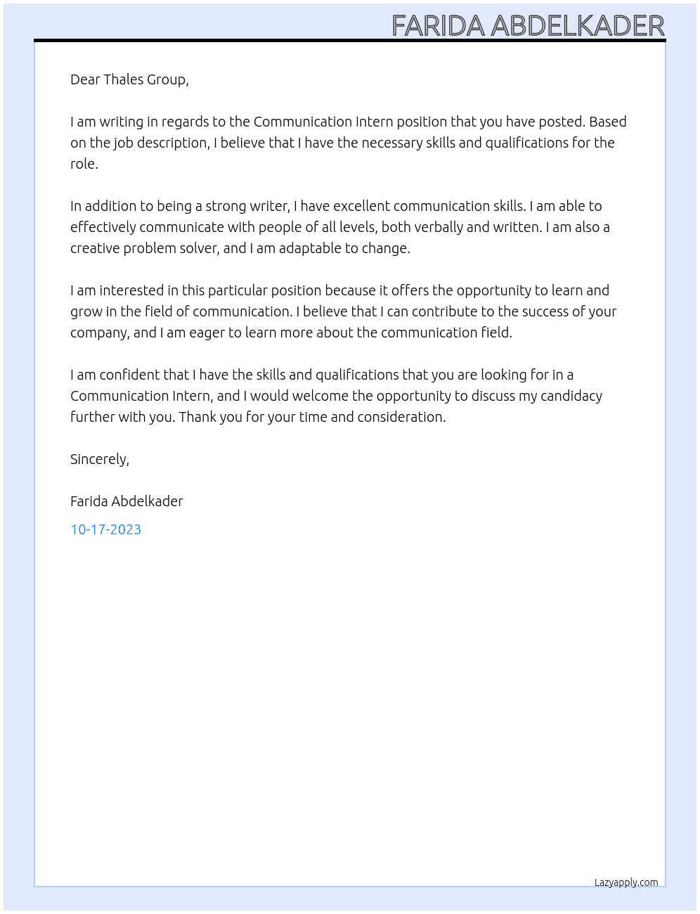 Communication Intern At Thales Group Cover Letter