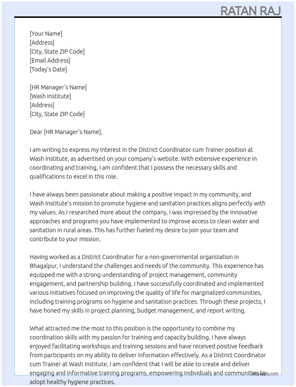 District Coordinator cum Trainer  At Wash Institute  Cover Letter