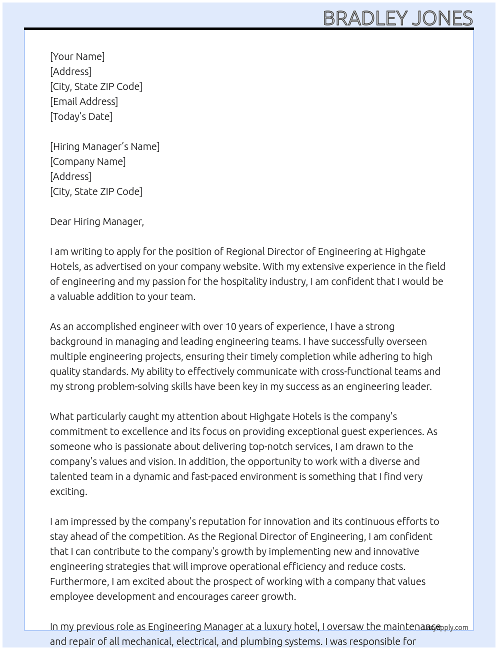 Regional director of Engineering  At Highgate Hotels Cover Letter