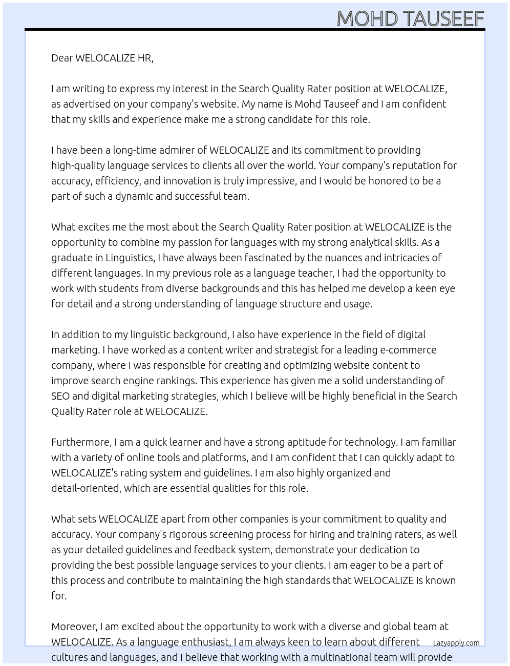 Search Quality Rater At WELOCALIZE Cover Letter