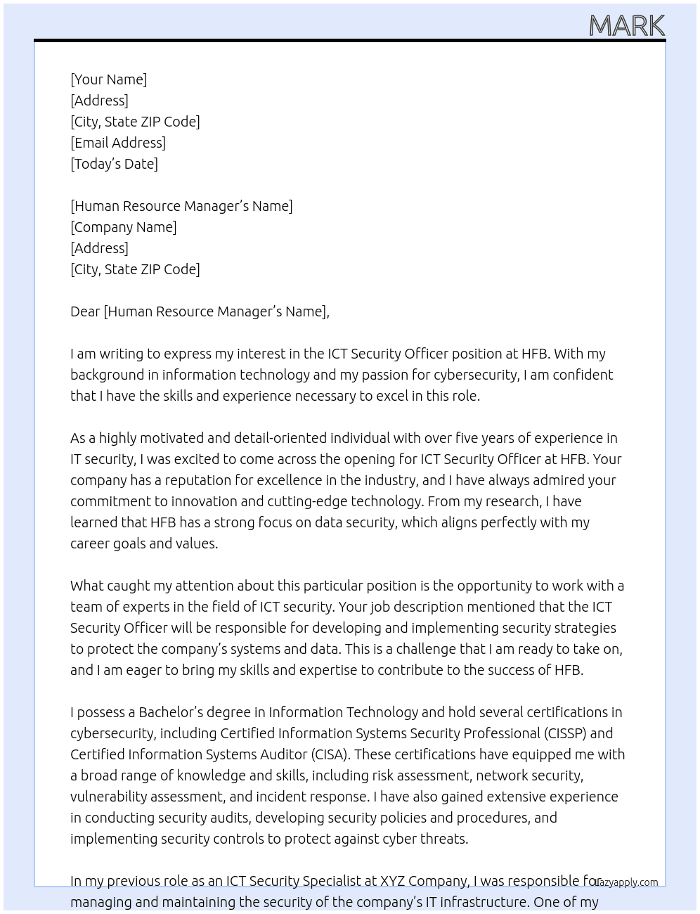 ict security officer At hFB Cover Letter