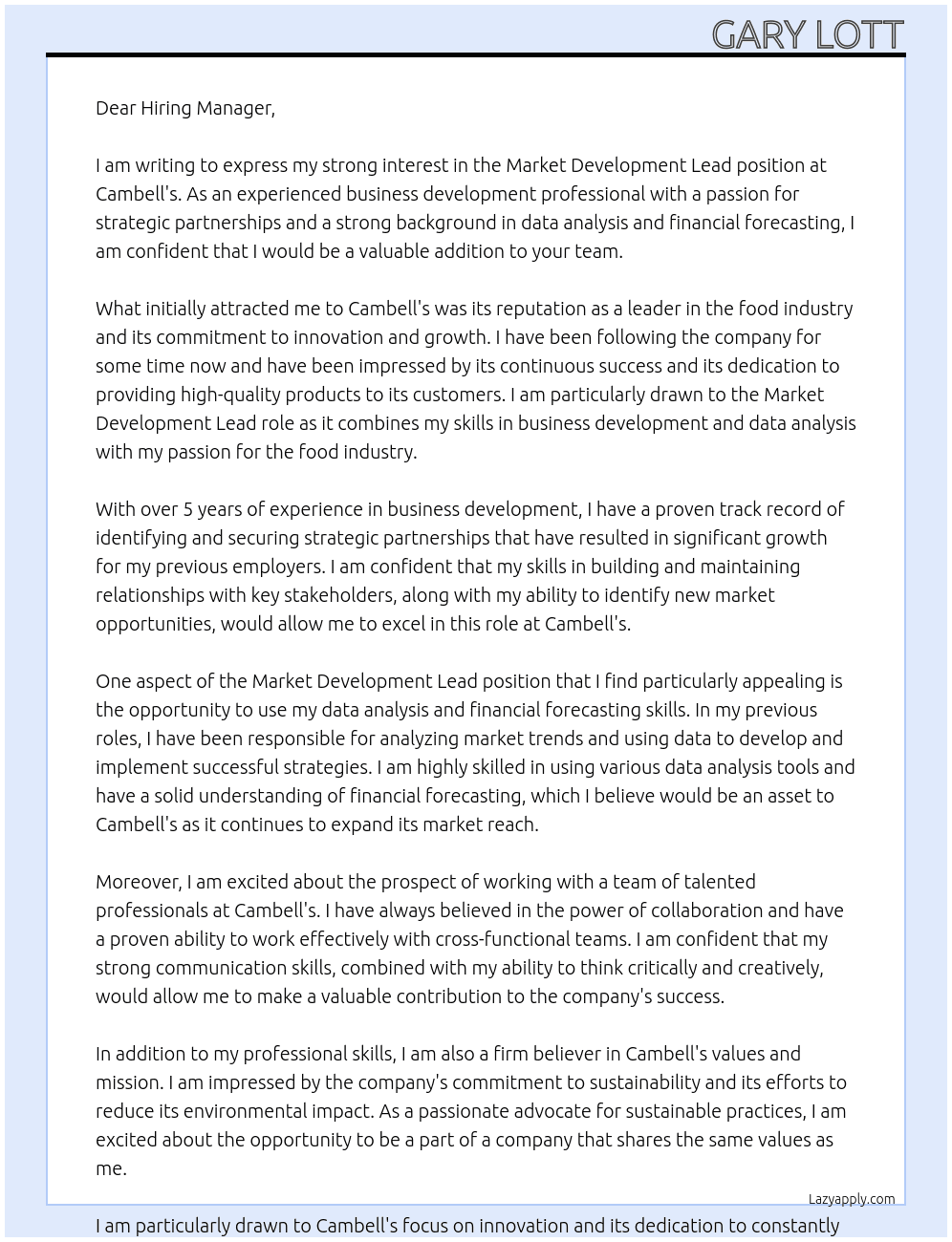 Market Development Lead At Cambell's Cover Letter