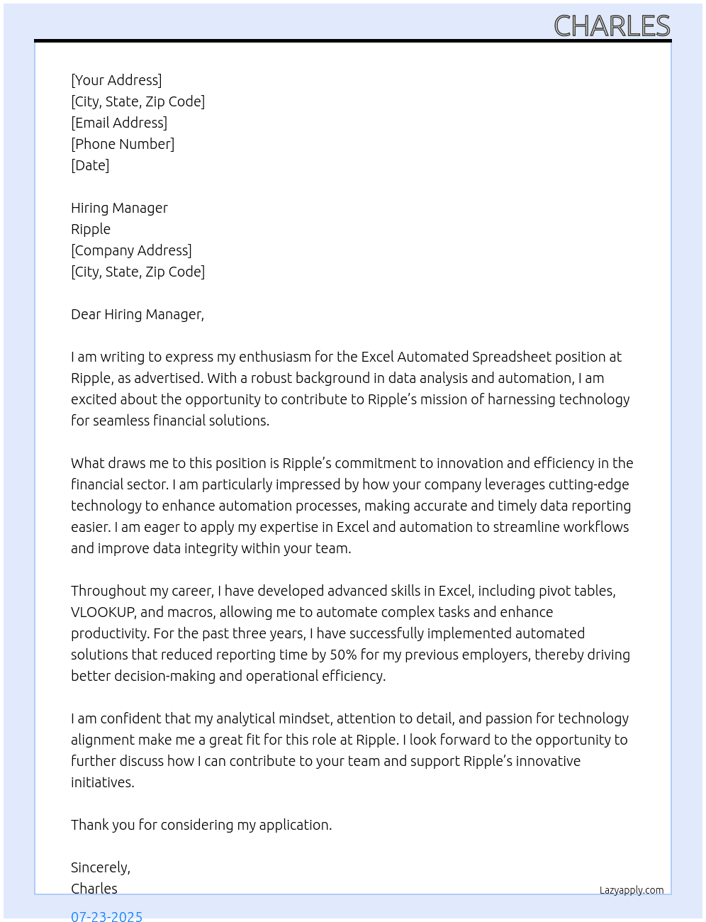 Cover letter for excel automated spreadsheet - LazyApply