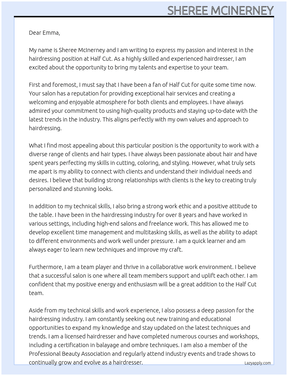 Hairdressing At Half Cut Cover Letter