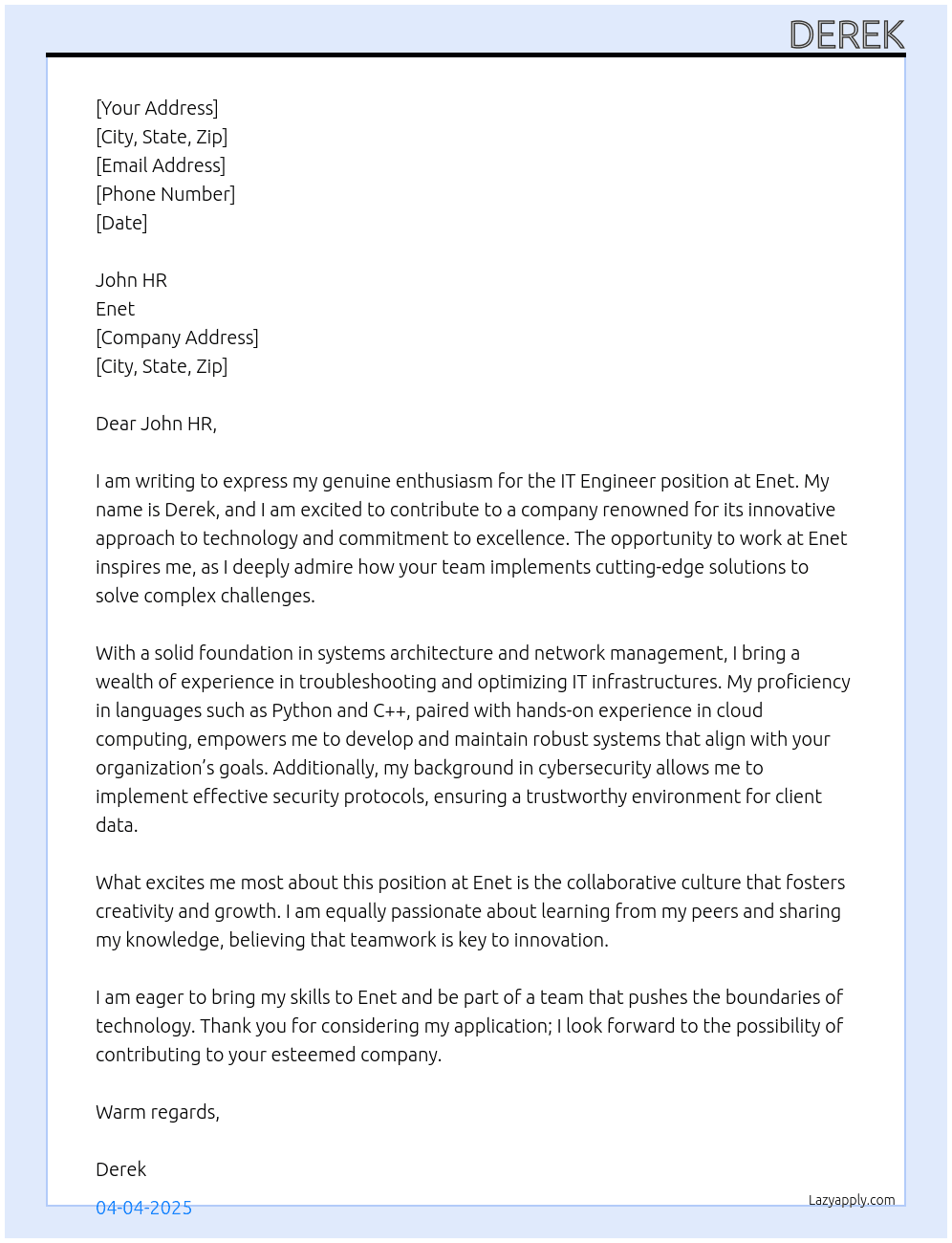 IT Engineer At Enet Cover Letter